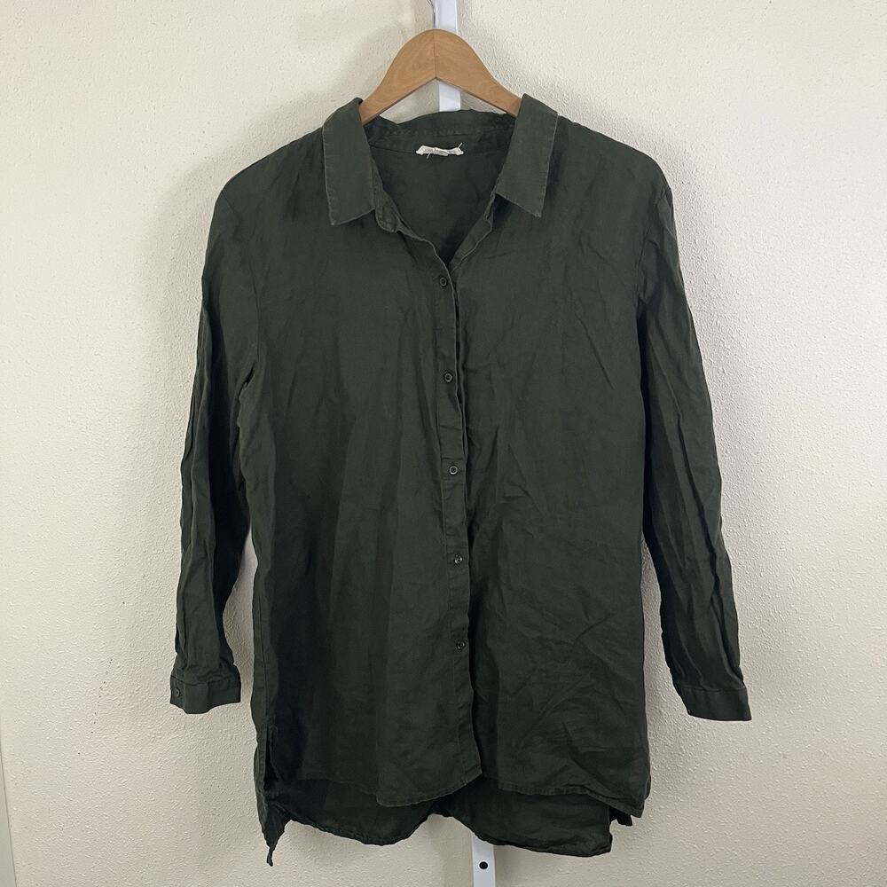 Eileen Fisher Organic Linen Button Front Tunic Shirt Womens Large Olive Green